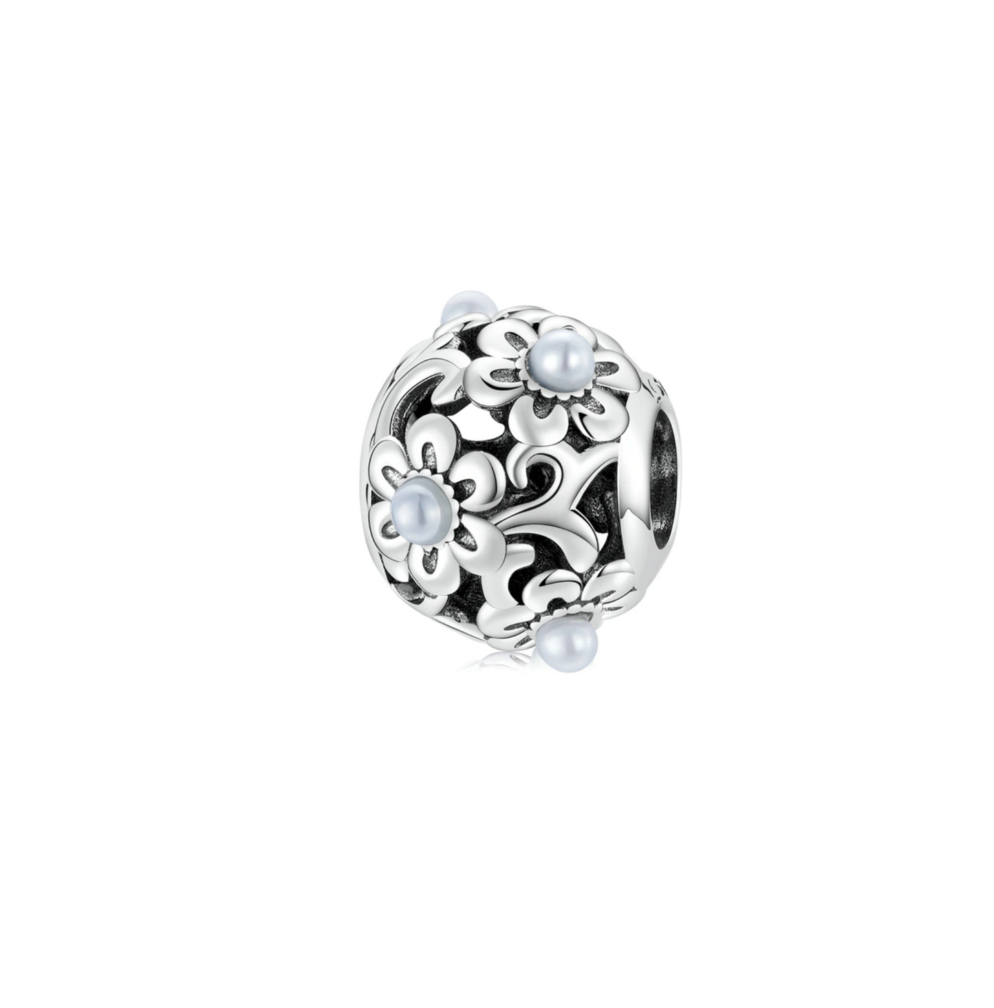 Imitation Pearl & Sterling Silver Daisy Round Bead Charm