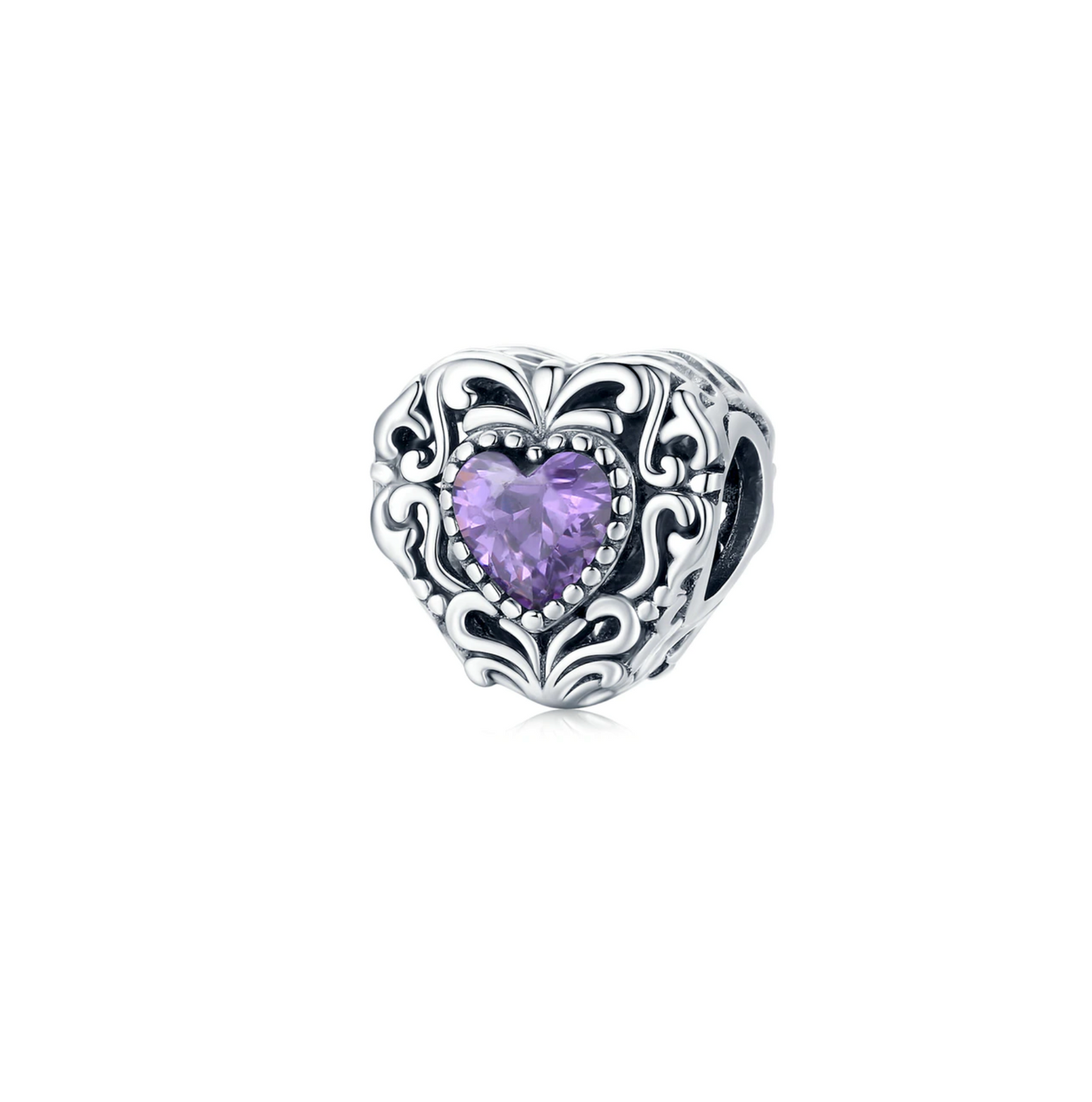 Purple Cubic Zirconia & Sterling Silver Floral Heart Charm