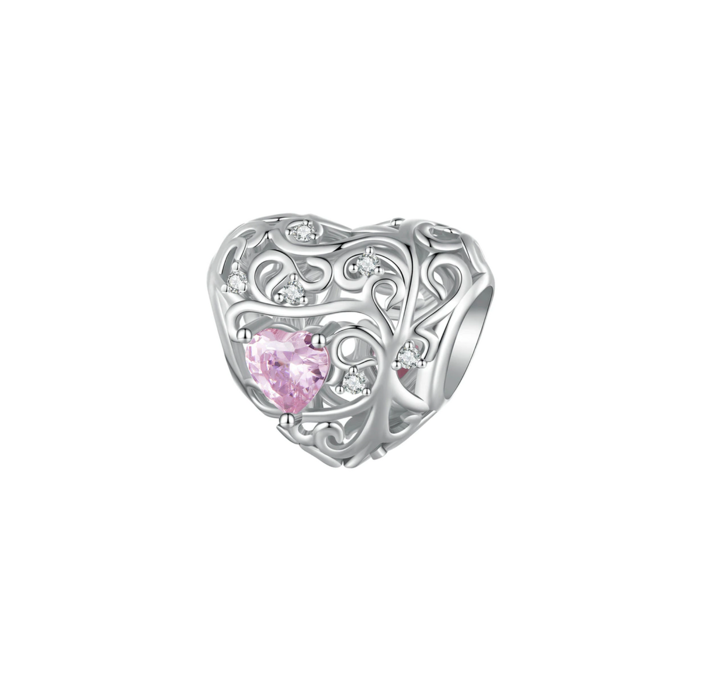 Pink Cubic Zirconia & Sterling Silver Scroll Bead Heart Charm