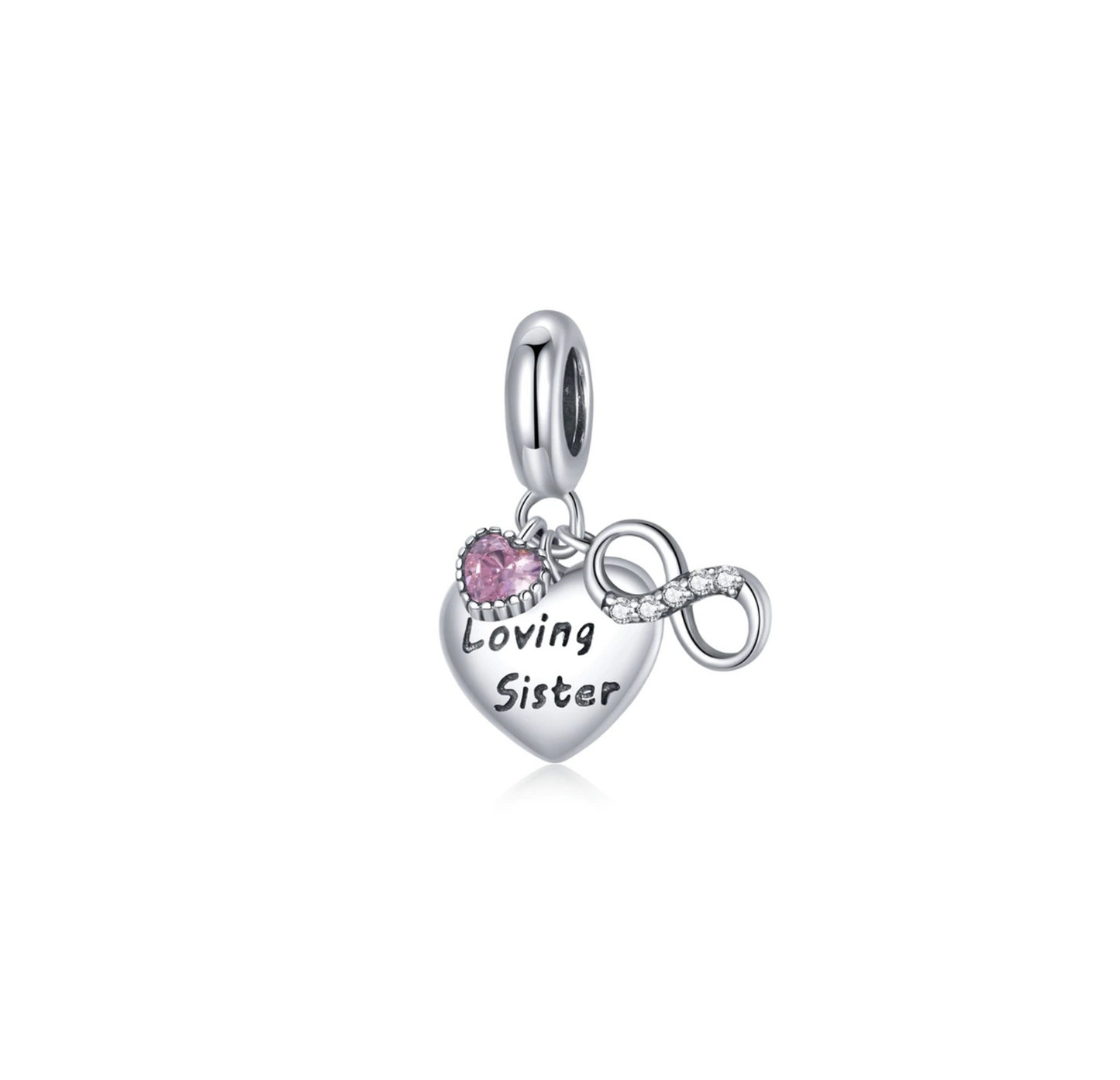 Pink Cubic Zirconia & Sterling Silver 'Loving Sister' Heart Charm