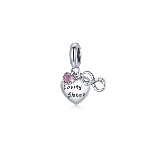 Pink Cubic Zirconia & Sterling Silver 'Loving Sister' Heart Charm