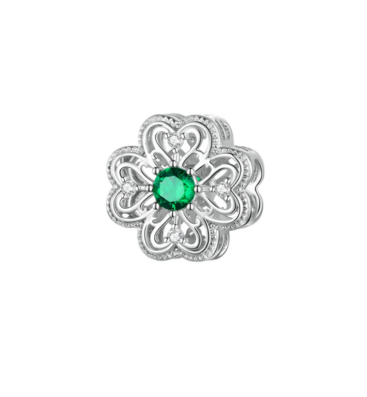 Green Cubic Zirconia & Sterling Silver Heart Clover Charm