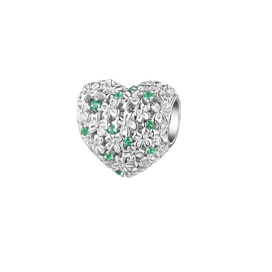 Green Cubic Zirconia & Sterling Silver Floral Heart Bead Charm