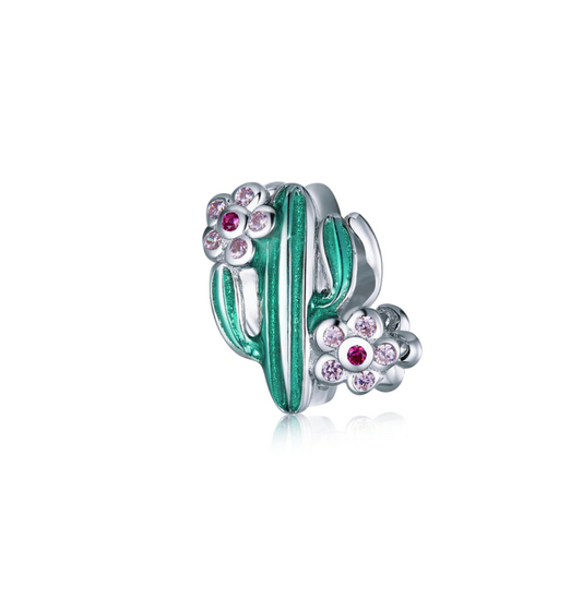 Pink Cubic Zirconia 7 Green Floral Cactus Bead Charm