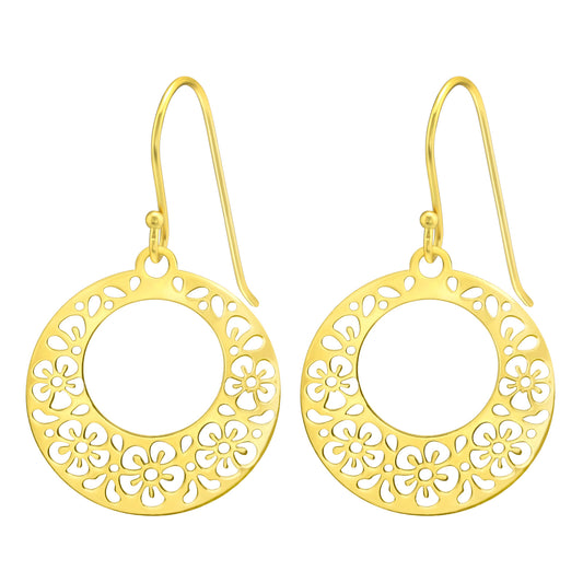 Sterling Silver 18k Gold-Plated Floral Circle Drop Earrings