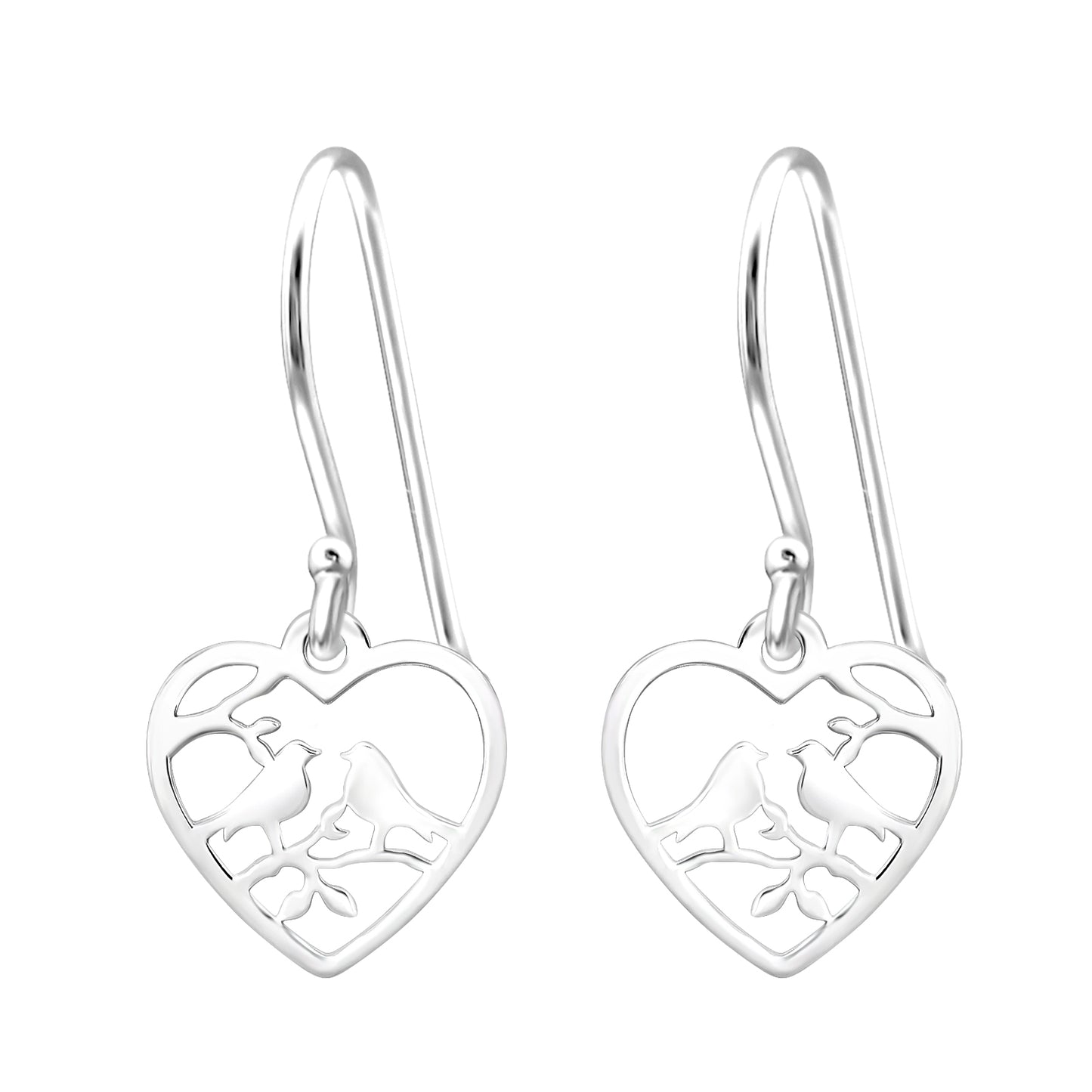 Sterling Silver Love Birds Heart Drop Earrings