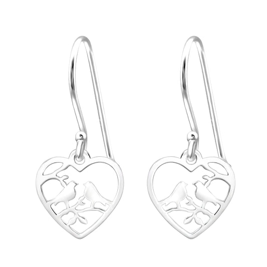 Sterling Silver Love Birds Heart Drop Earrings