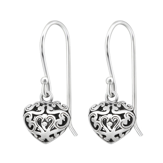 Sterling Silver Filigree Heart Drop Earrings