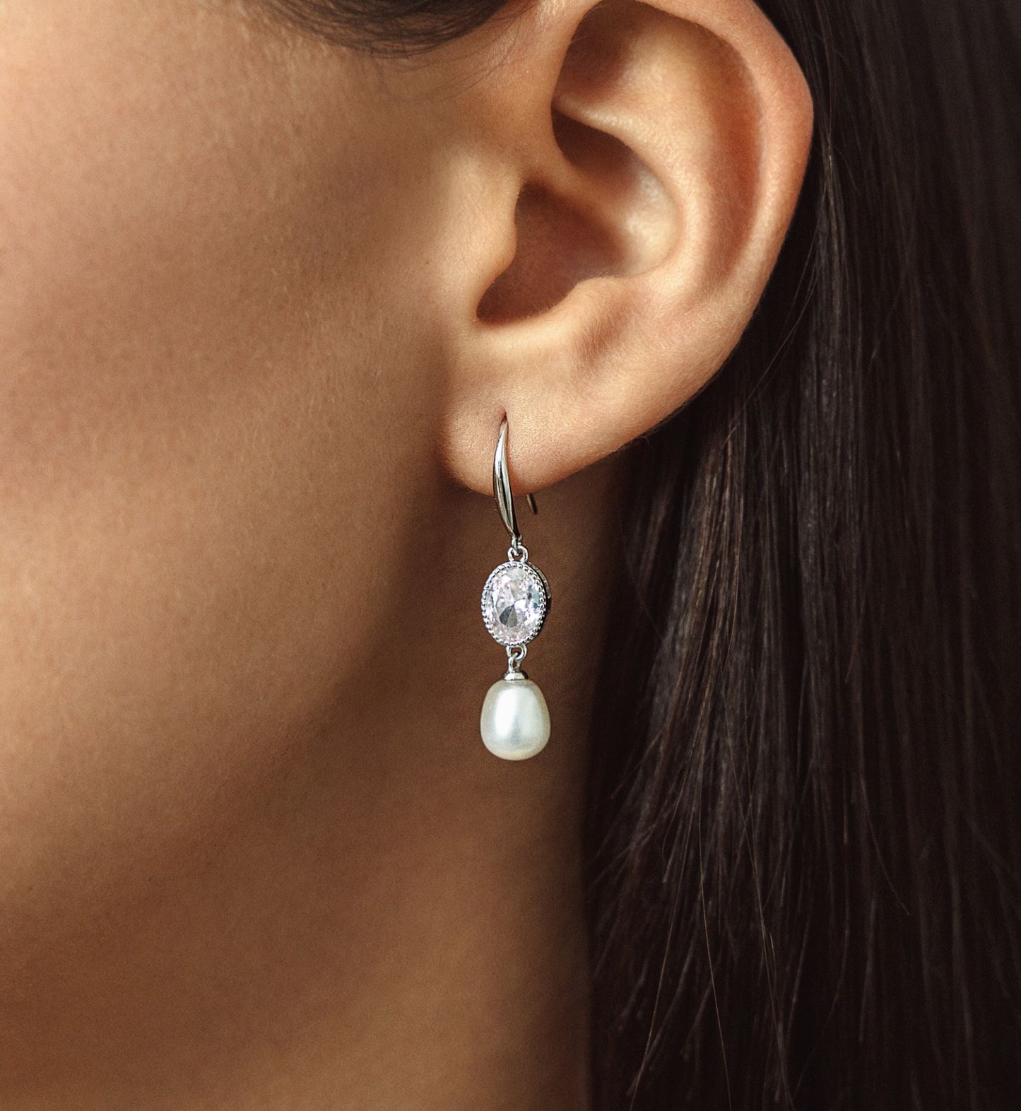 White Freshwater Pearl Drop Earrings With Oval Cubic Zirconia