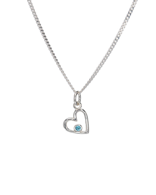 Sterling Silver Open Heart Pendant Necklace with Aqua Blue Cubic Zirconia Accent