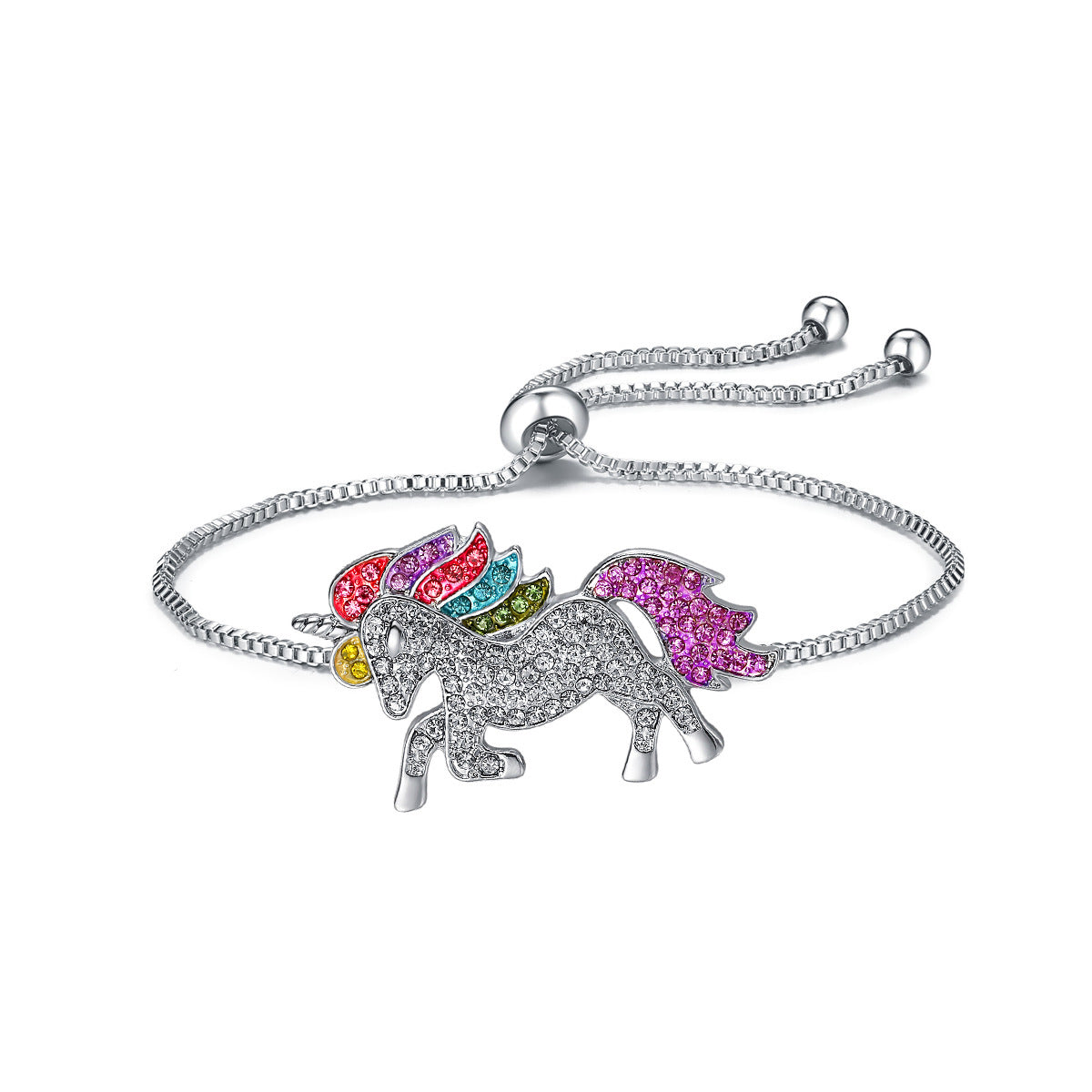 Silvertone adjustable unicorn bracelet with multicolored crystal mane and tail