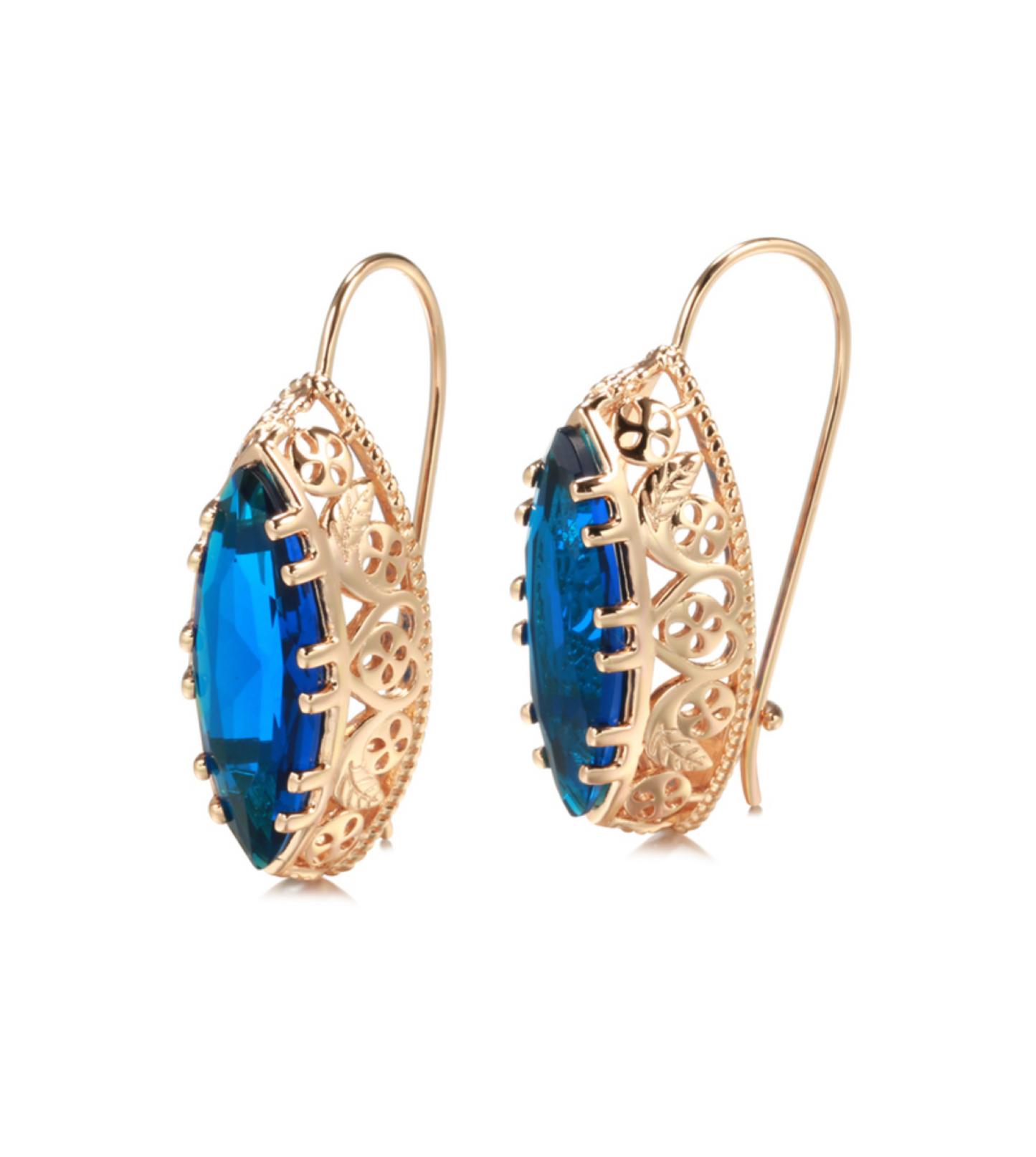 Goldtone & Blue CZ Marquis Ornate Earrings