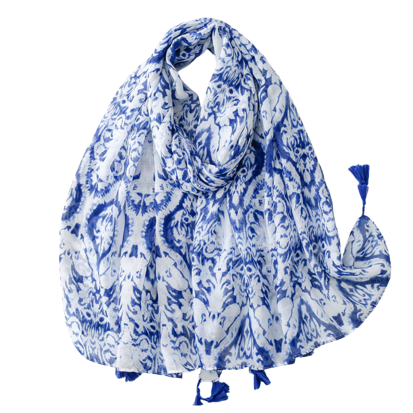 Cobalt Damask Tassel Scarf