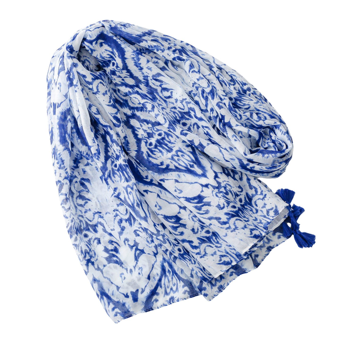 Cobalt Damask Tassel Scarf