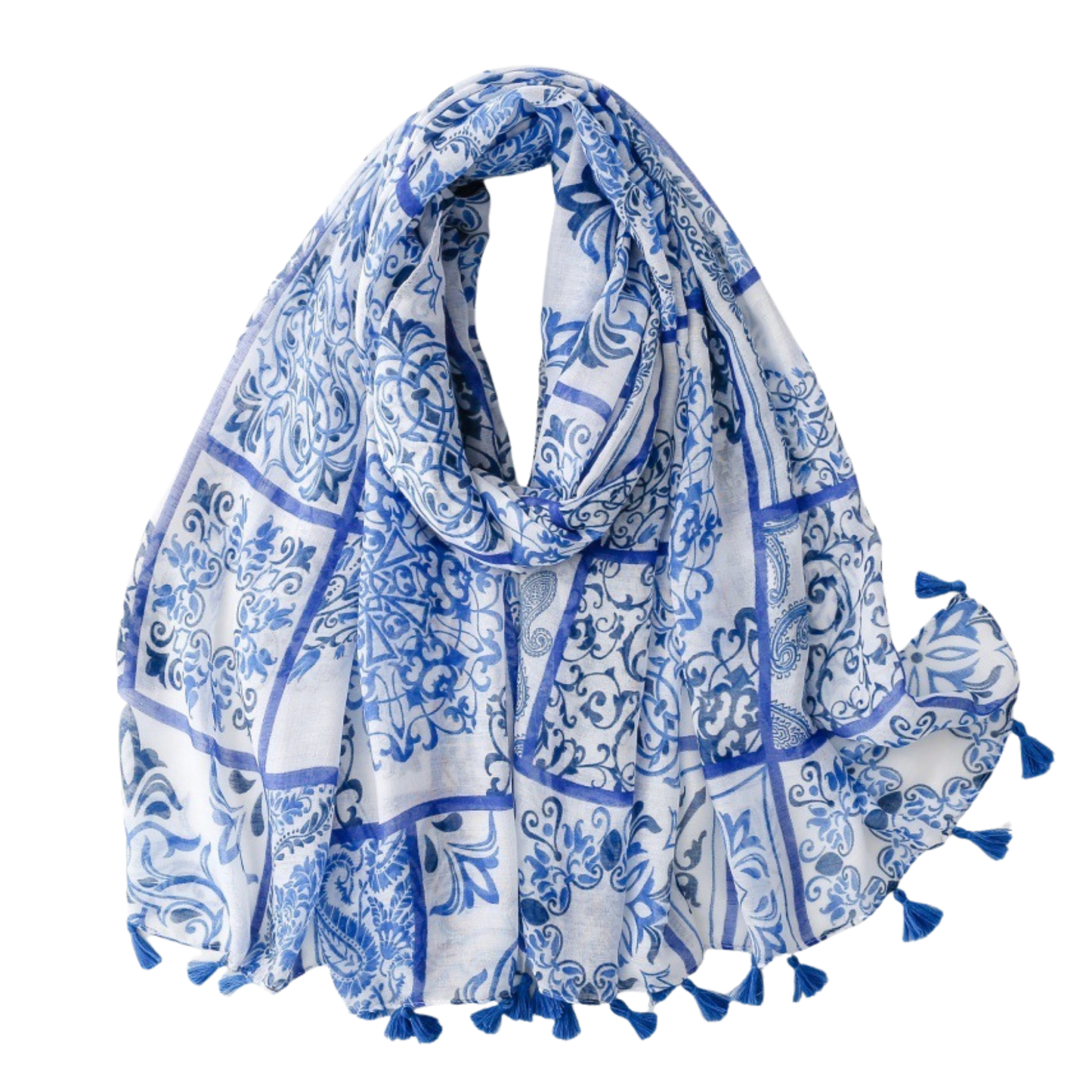 Blue Mosaic Tassel Scarf