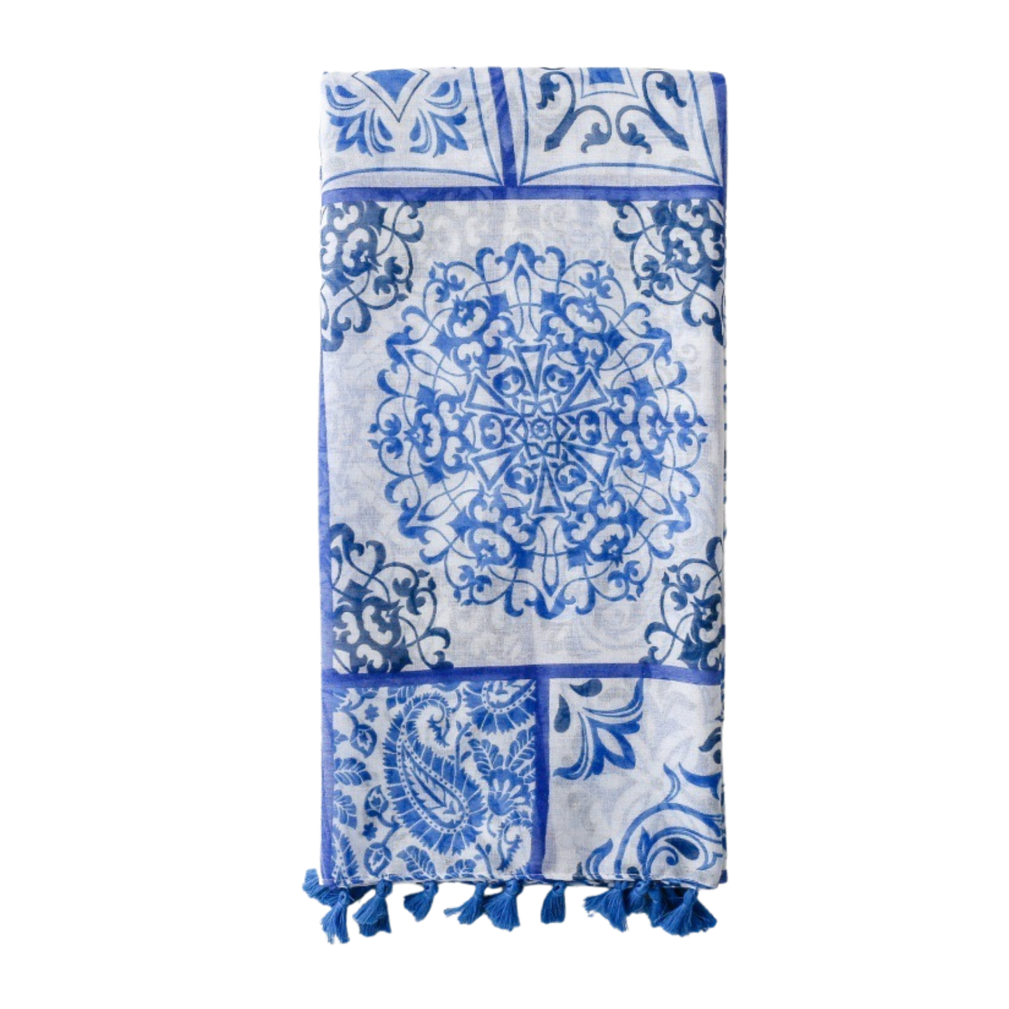 Blue Mosaic Tassel Scarf