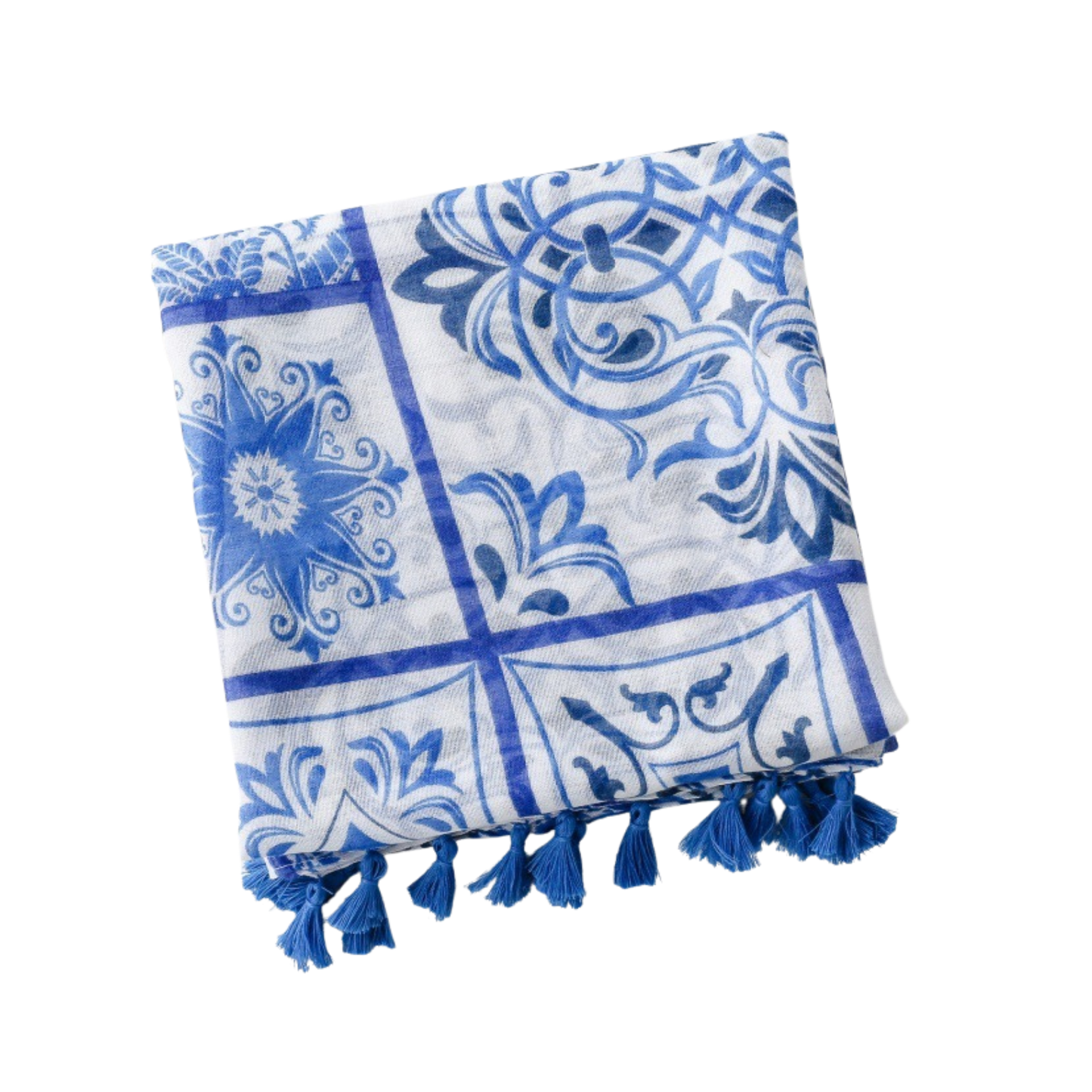 Blue Mosaic Tassel Scarf