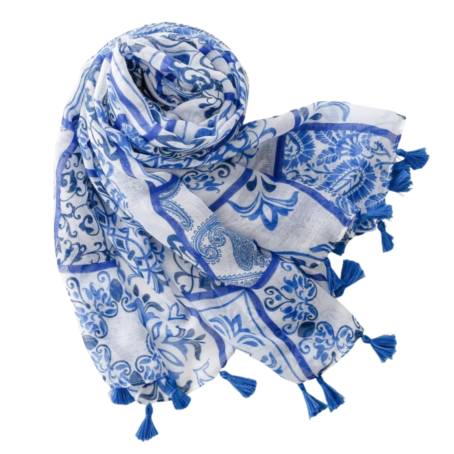Blue Mosaic Tassel Scarf