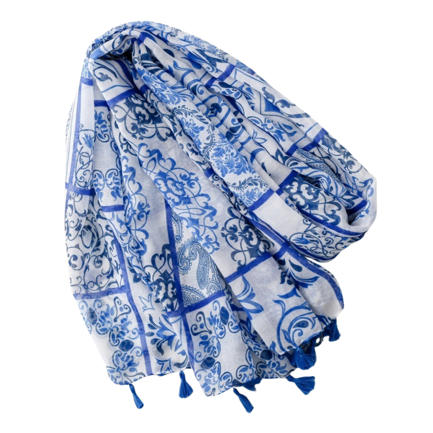 Blue Mosaic Tassel Scarf
