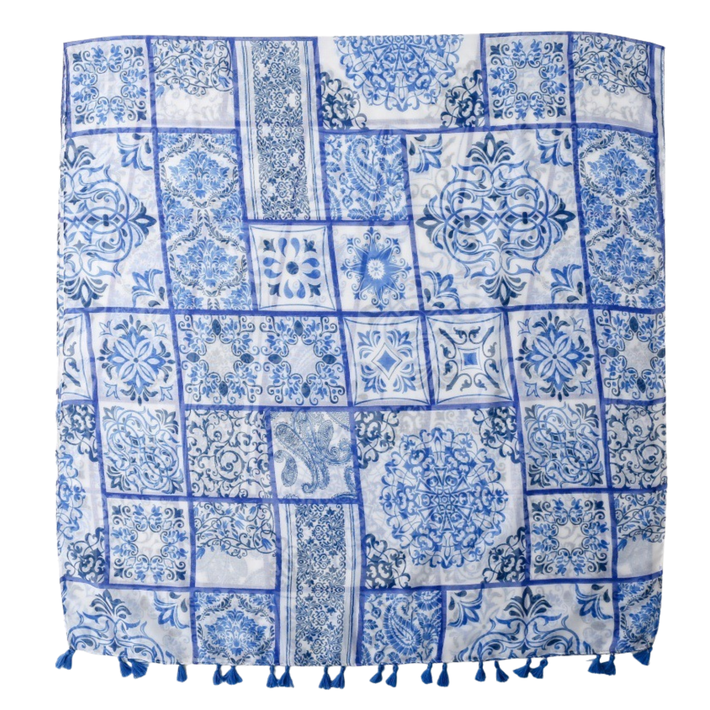 Blue Mosaic Tassel Scarf