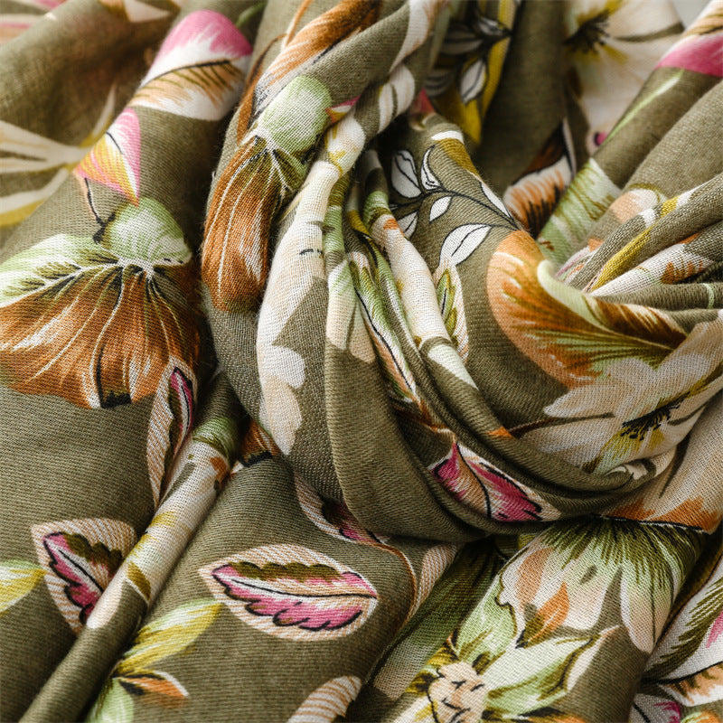Olive Botanical Tassel Scarf