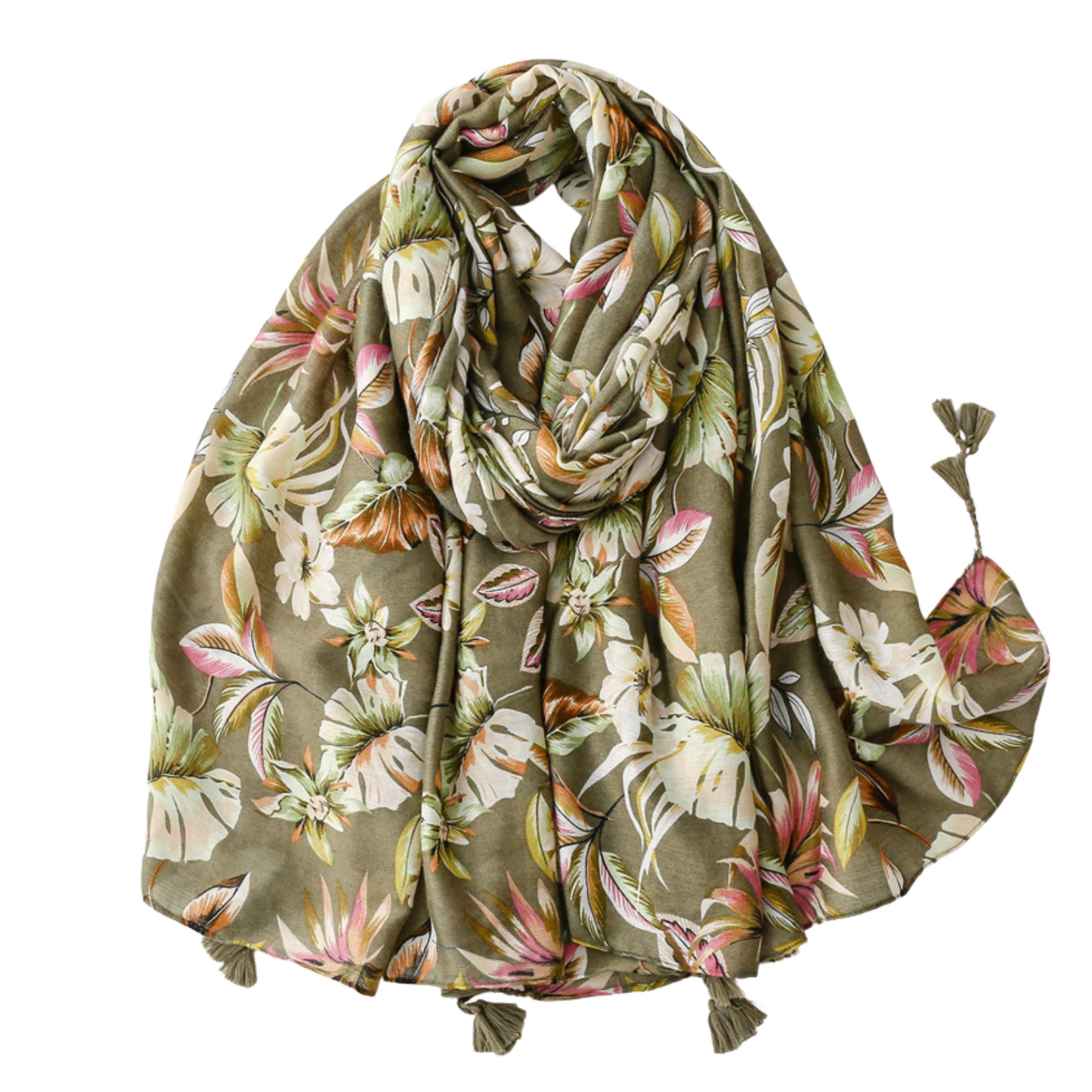 Olive Botanical Tassel Scarf