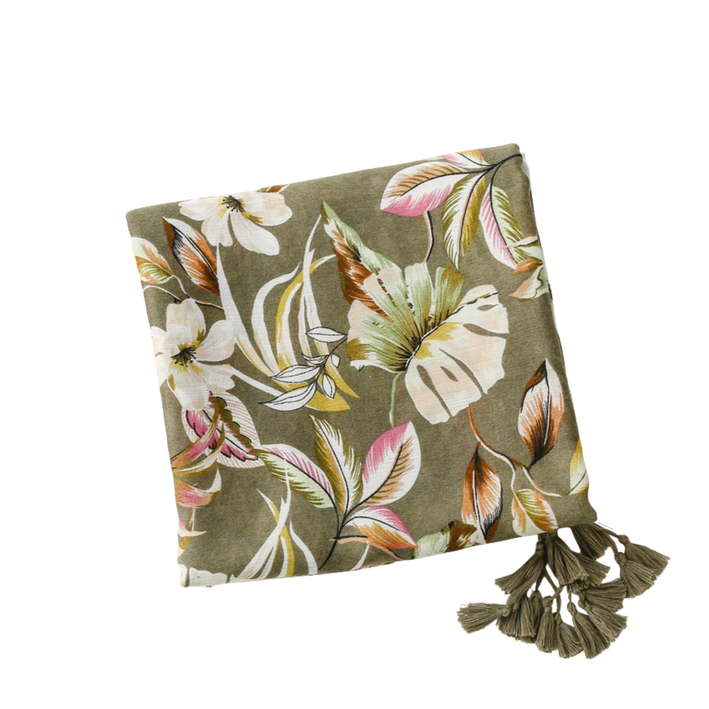 Olive Botanical Tassel Scarf