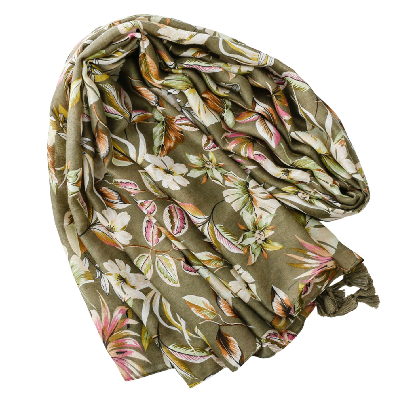 Olive Botanical Tassel Scarf