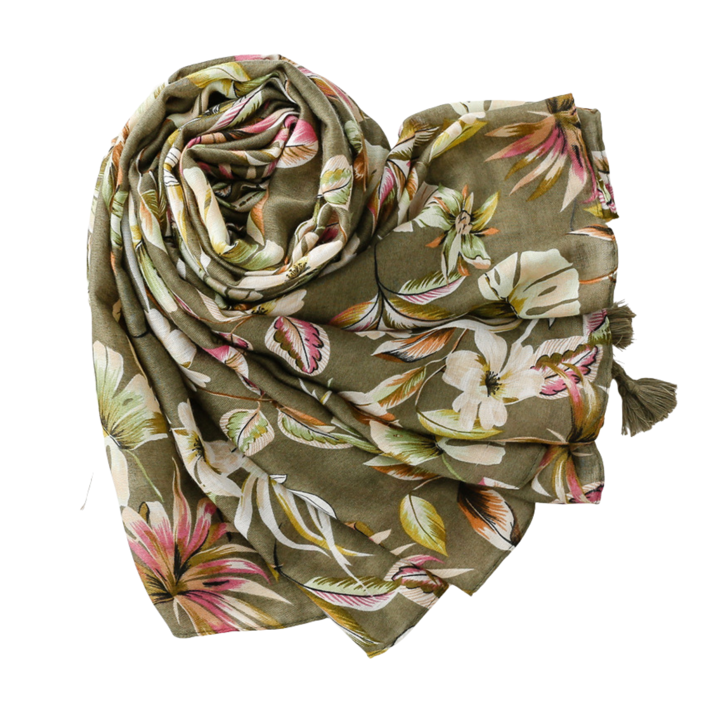 Olive Botanical Tassel Scarf