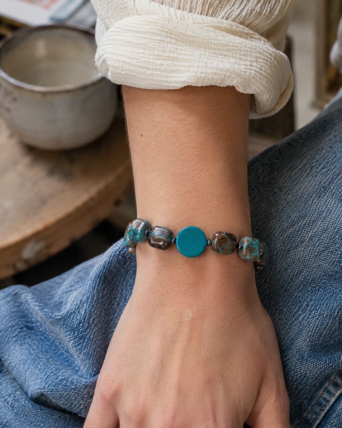 Upcycled Howlite & Calsilica Jasper Bracelet