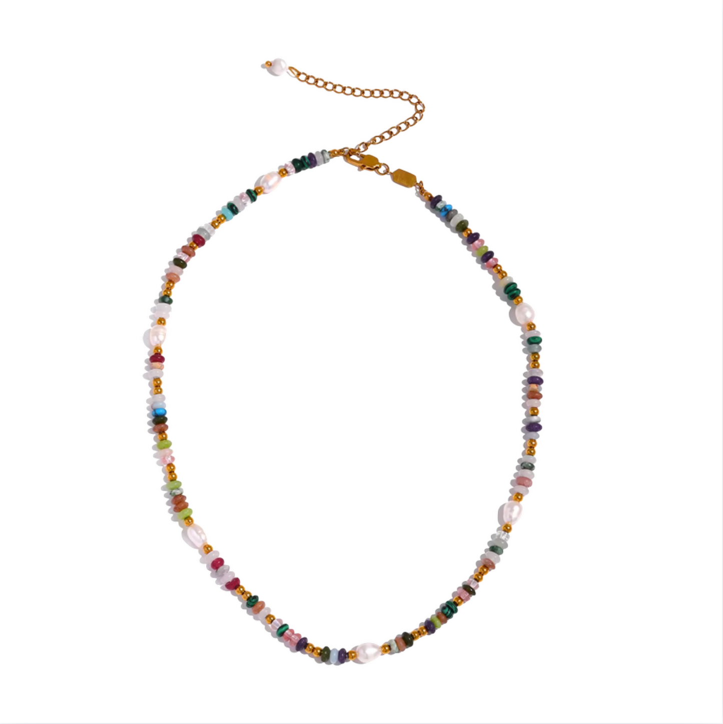Natural Pearl & Mixed Gemstone Necklace 17" Gold Plated Stainless Steel