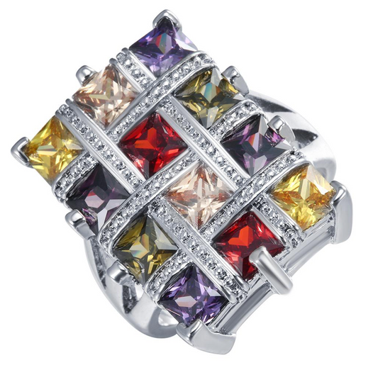 Silvertone & Jewel Toned CZ Rectangular Statement Ring