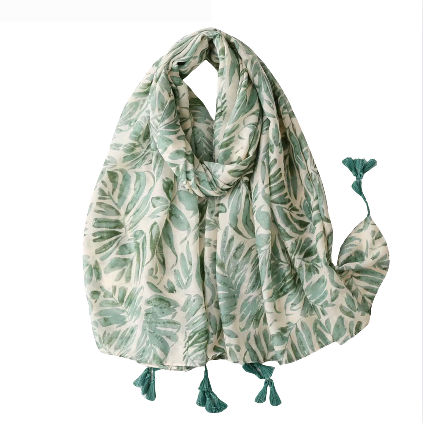 Tropical Leaf Print Scarf with Tassels