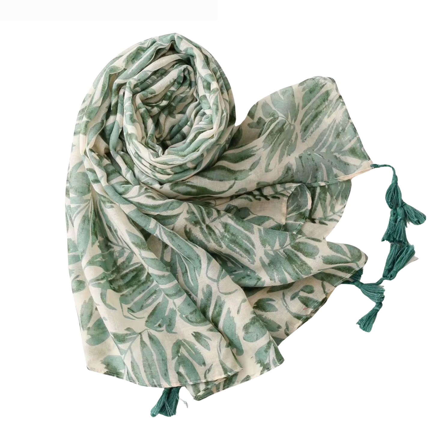 Tropical Leaf Print Scarf with Tassels