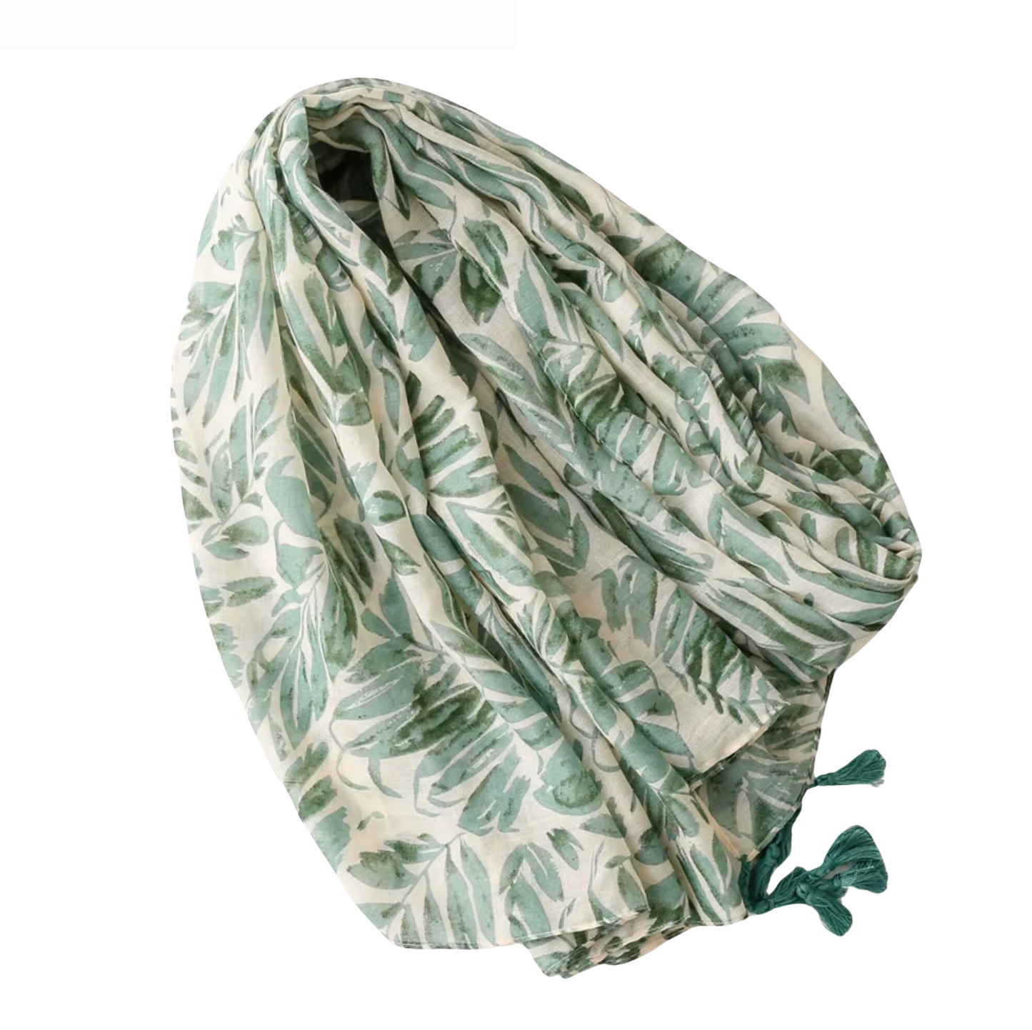 Tropical Leaf Print Scarf with Tassels