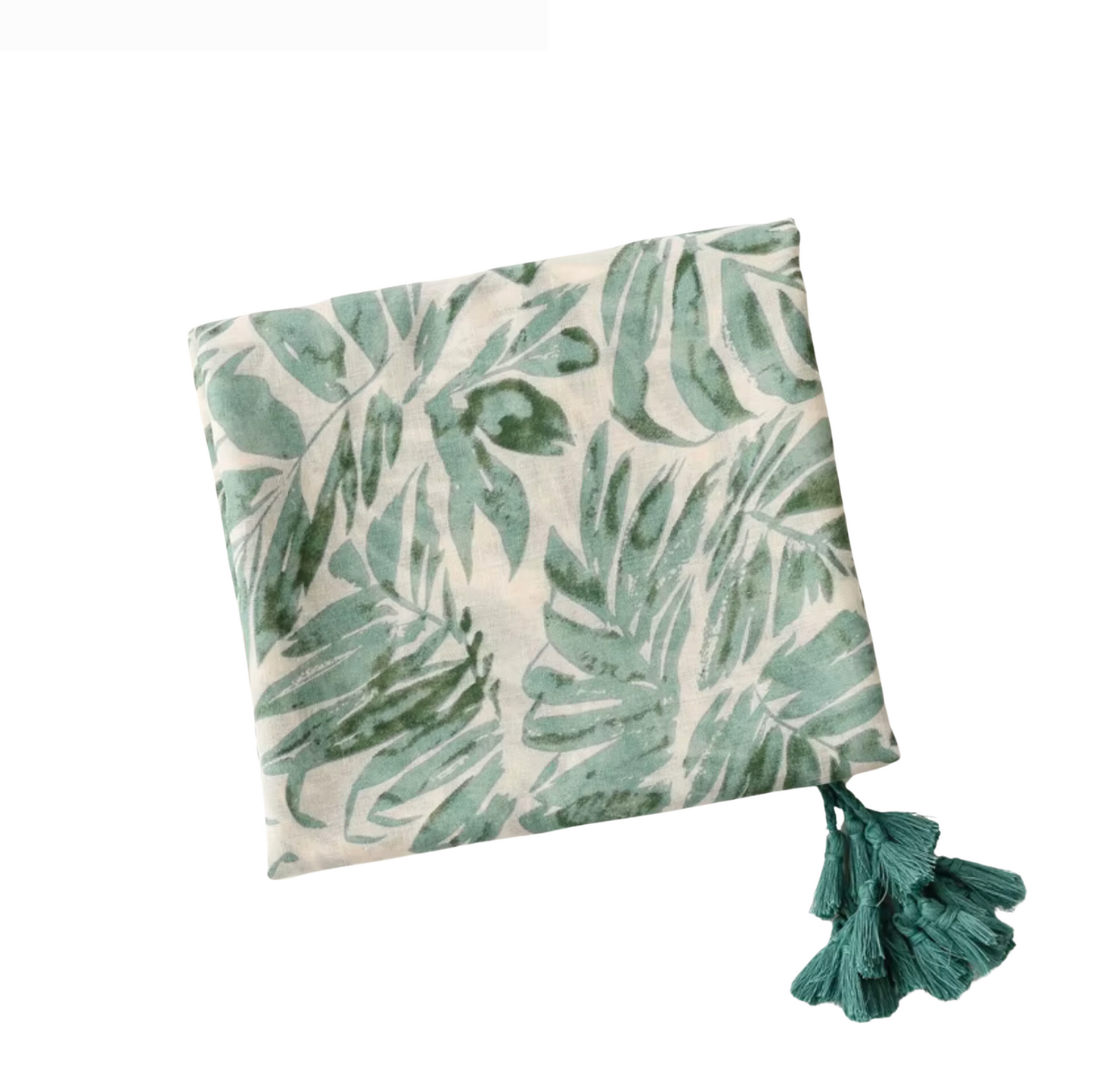 Tropical Leaf Print Scarf with Tassels