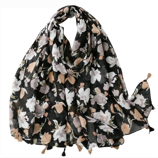 Elegant Delicate Floral Scarf with Tassels