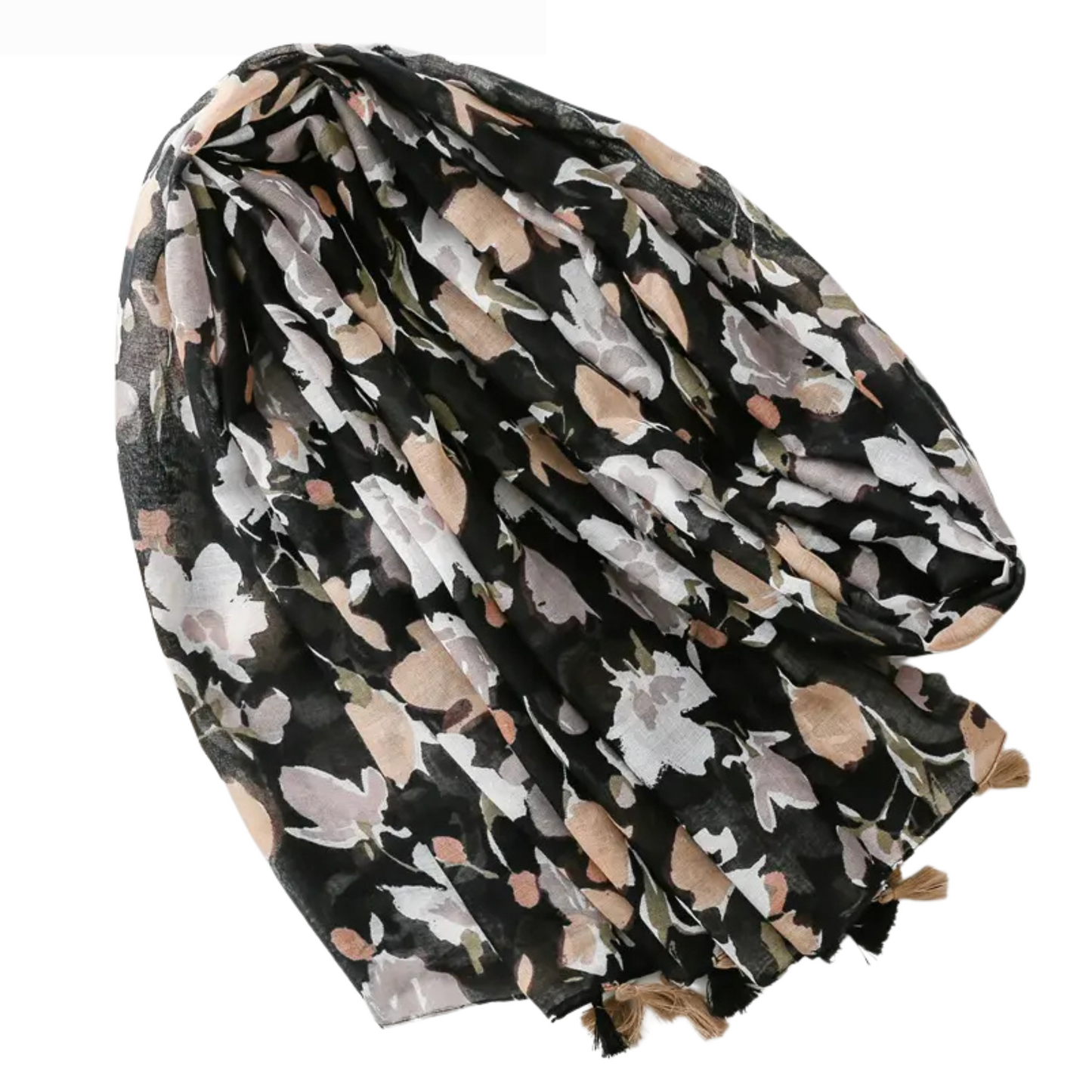 Elegant Delicate Floral Scarf with Tassels