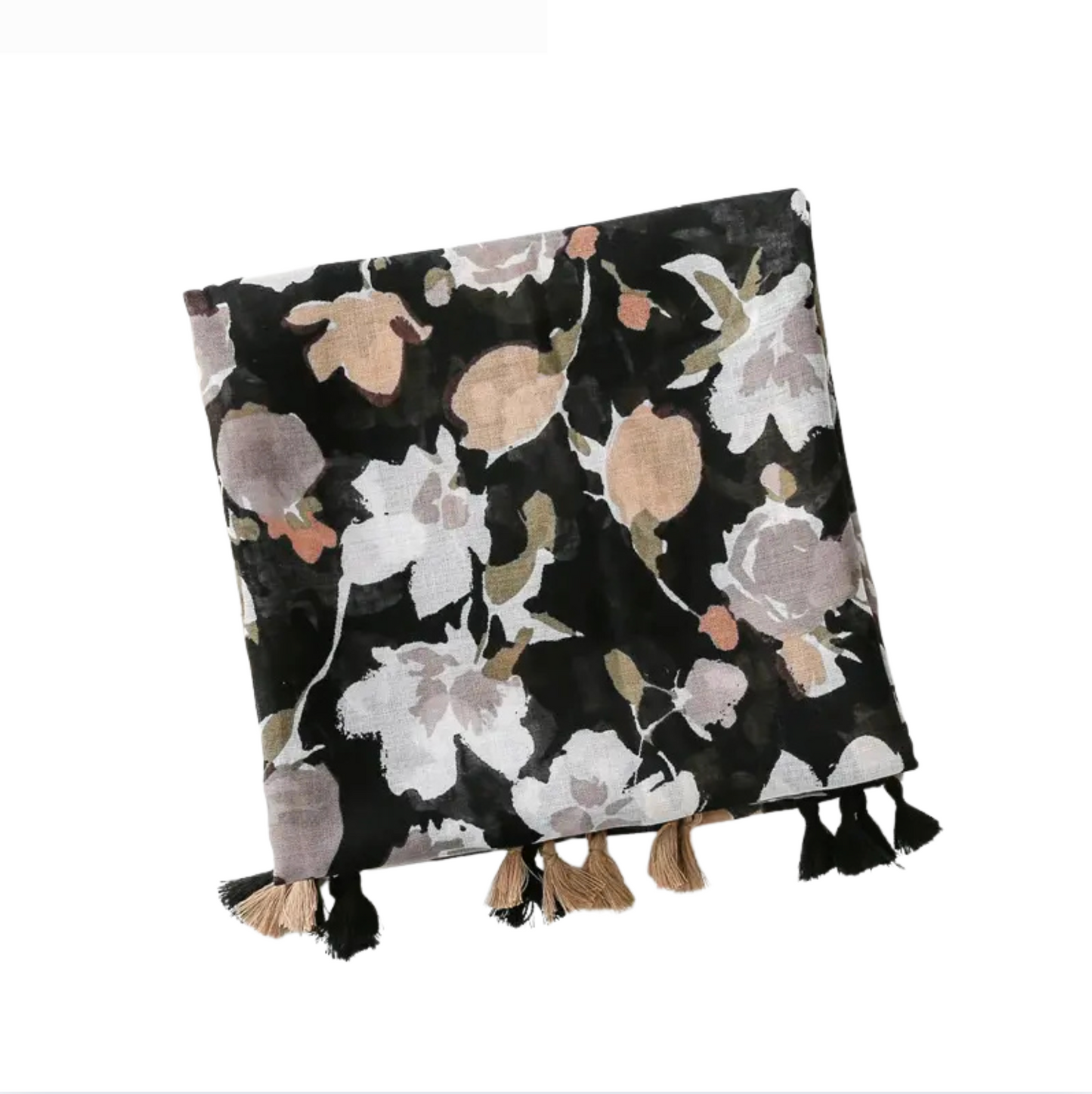 Elegant Delicate Floral Scarf with Tassels