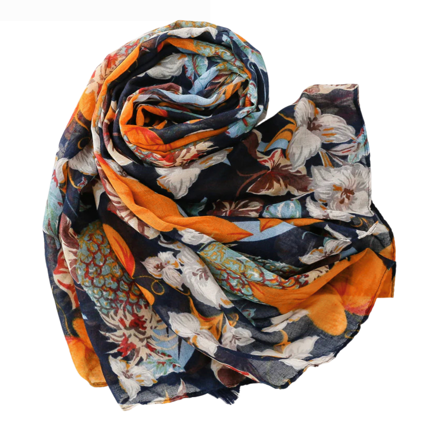 Vibrant Navy and Orange Floral Scarf with Tassels