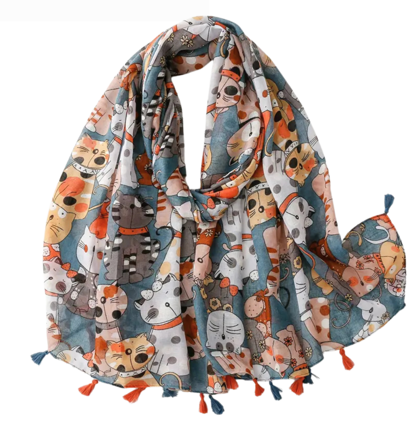 Adorable Blue Cat Print Scarf with Tassels