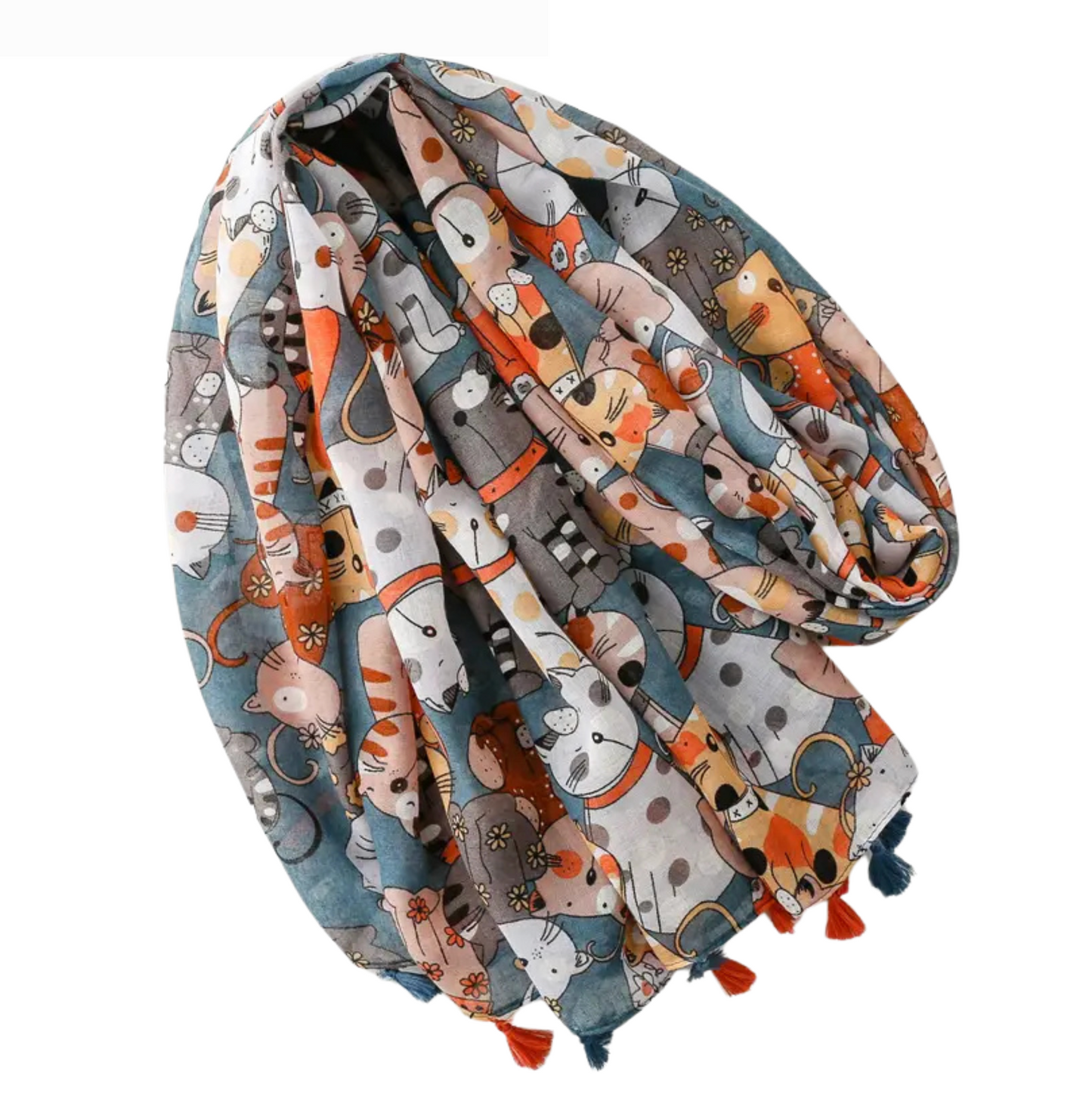 Adorable Blue Cat Print Scarf with Tassels