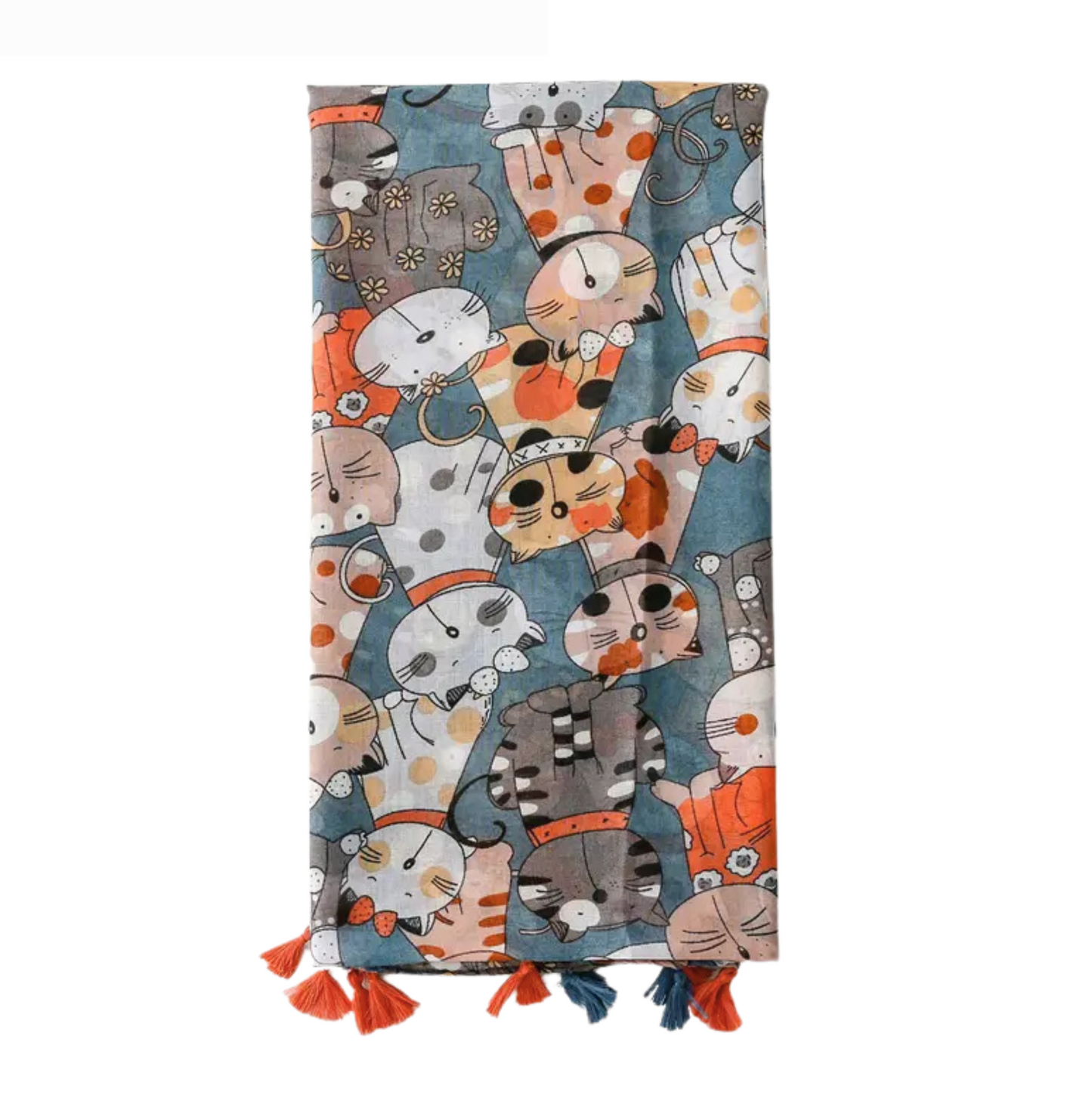 Adorable Blue Cat Print Scarf with Tassels