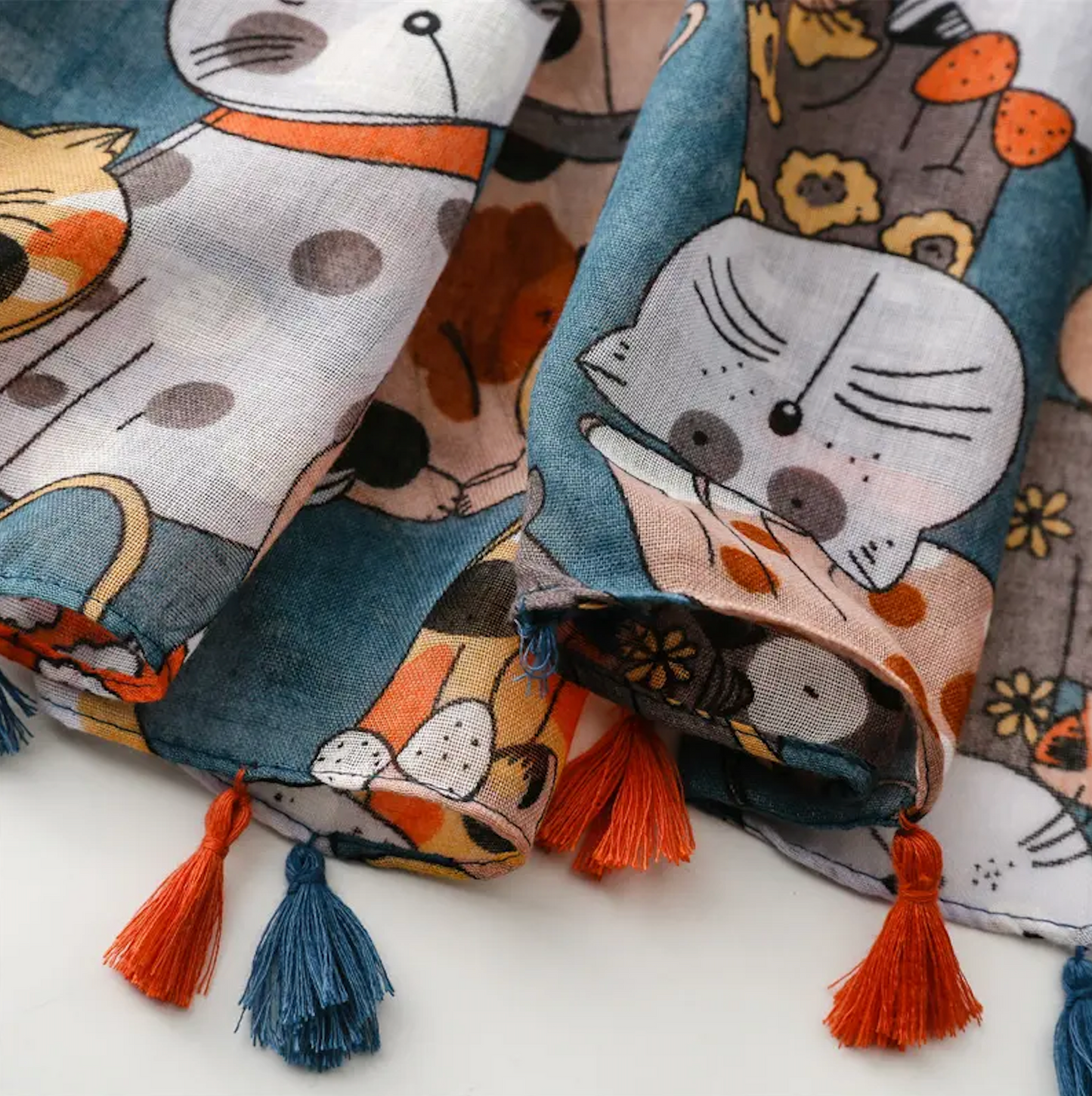 Adorable Blue Cat Print Scarf with Tassels