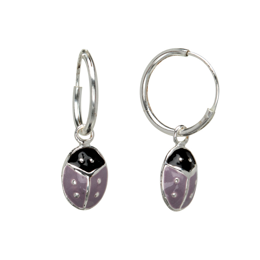 Sterling Silver Mauve Lady Bug Hoop Drop Earrings