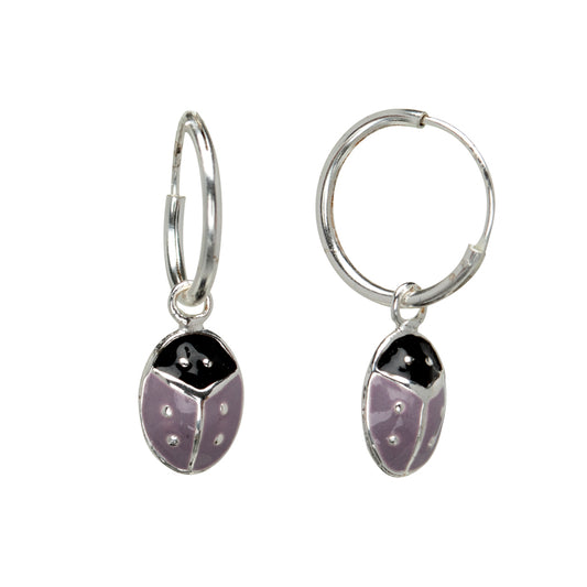 Sterling Silver Mauve Lady Bug Hoop Drop Earrings