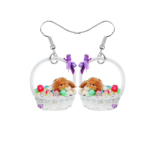 Bunny with mixed Easter Eggs in White Basket Drop Earrings