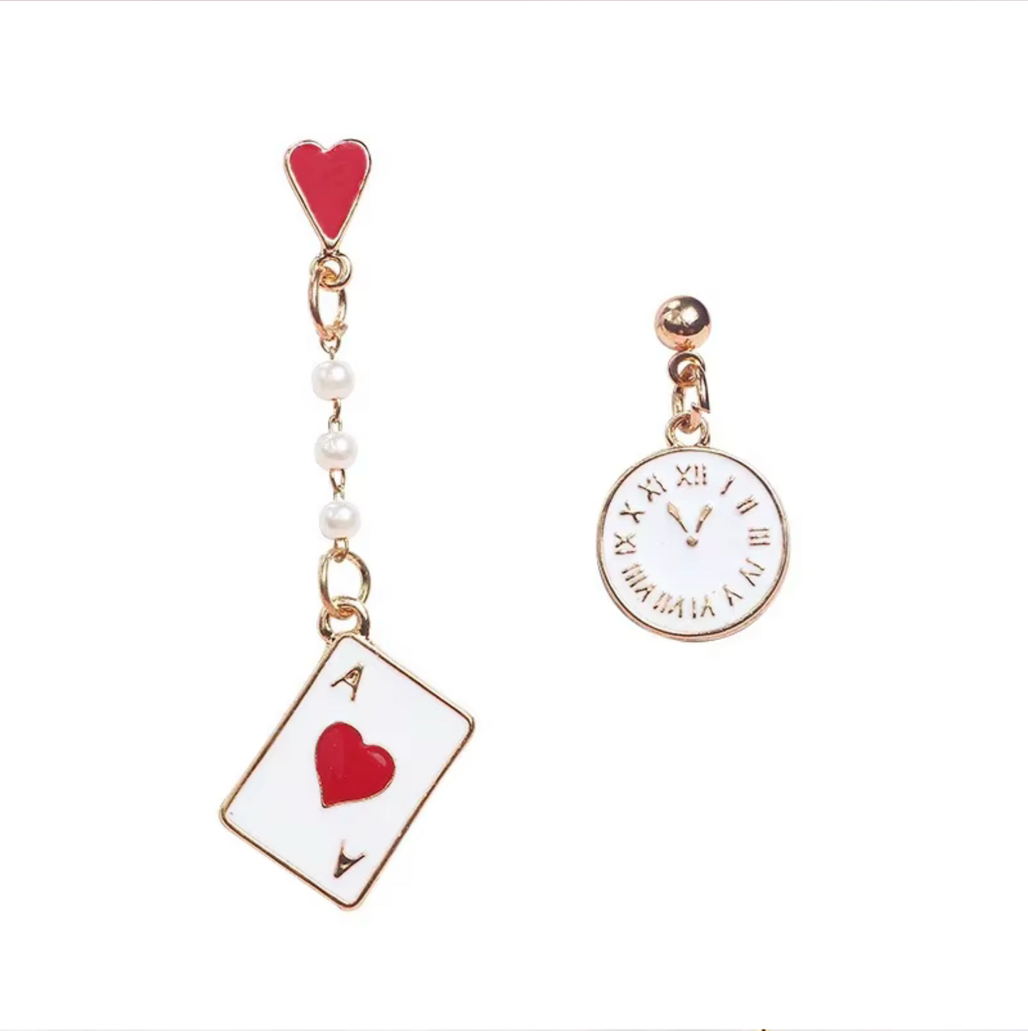 Asymmetrical Ace Of Hearts Clock Drop Earrings