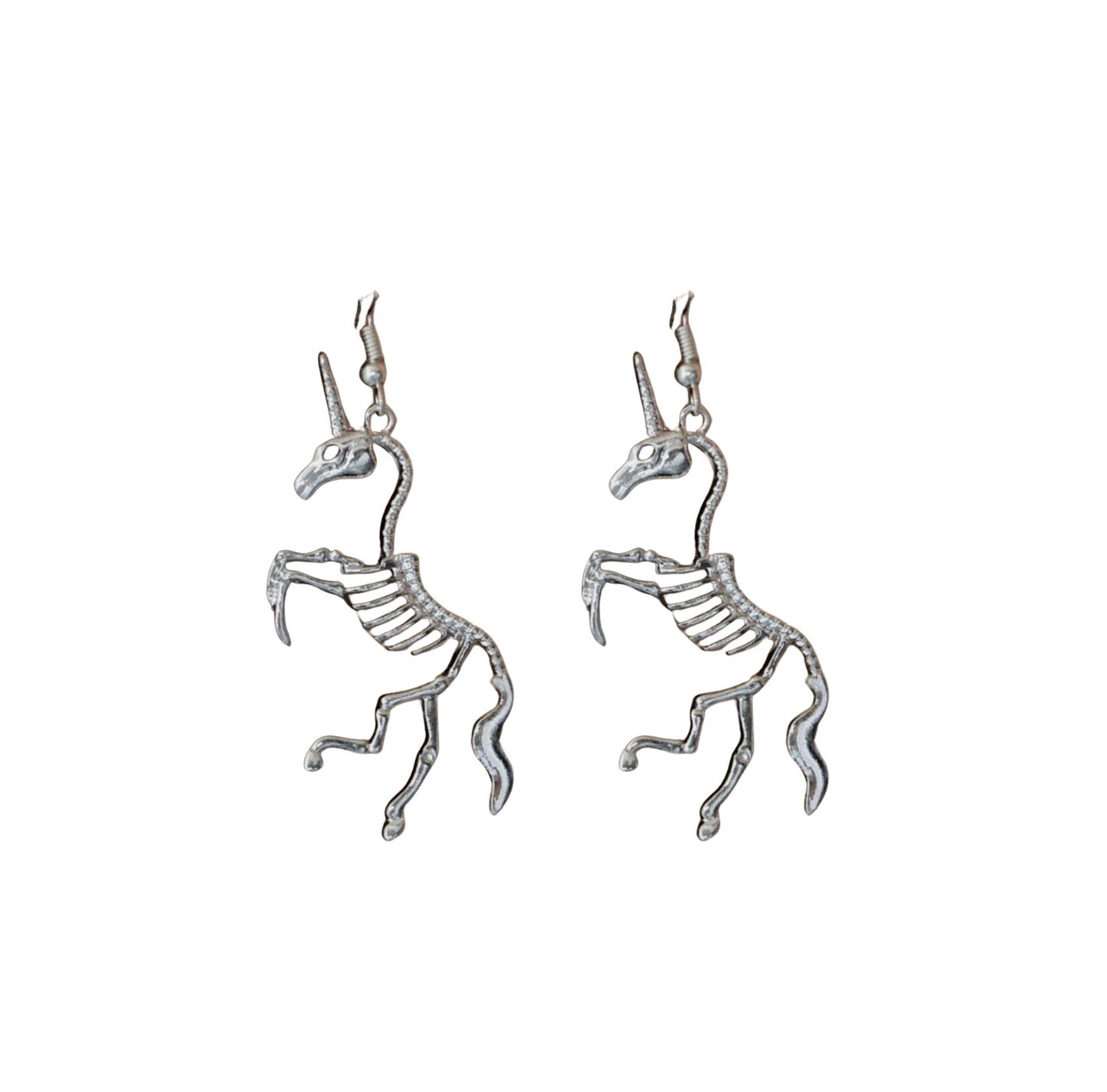 Silvertone Unicorn Skeleton Drop Earrings