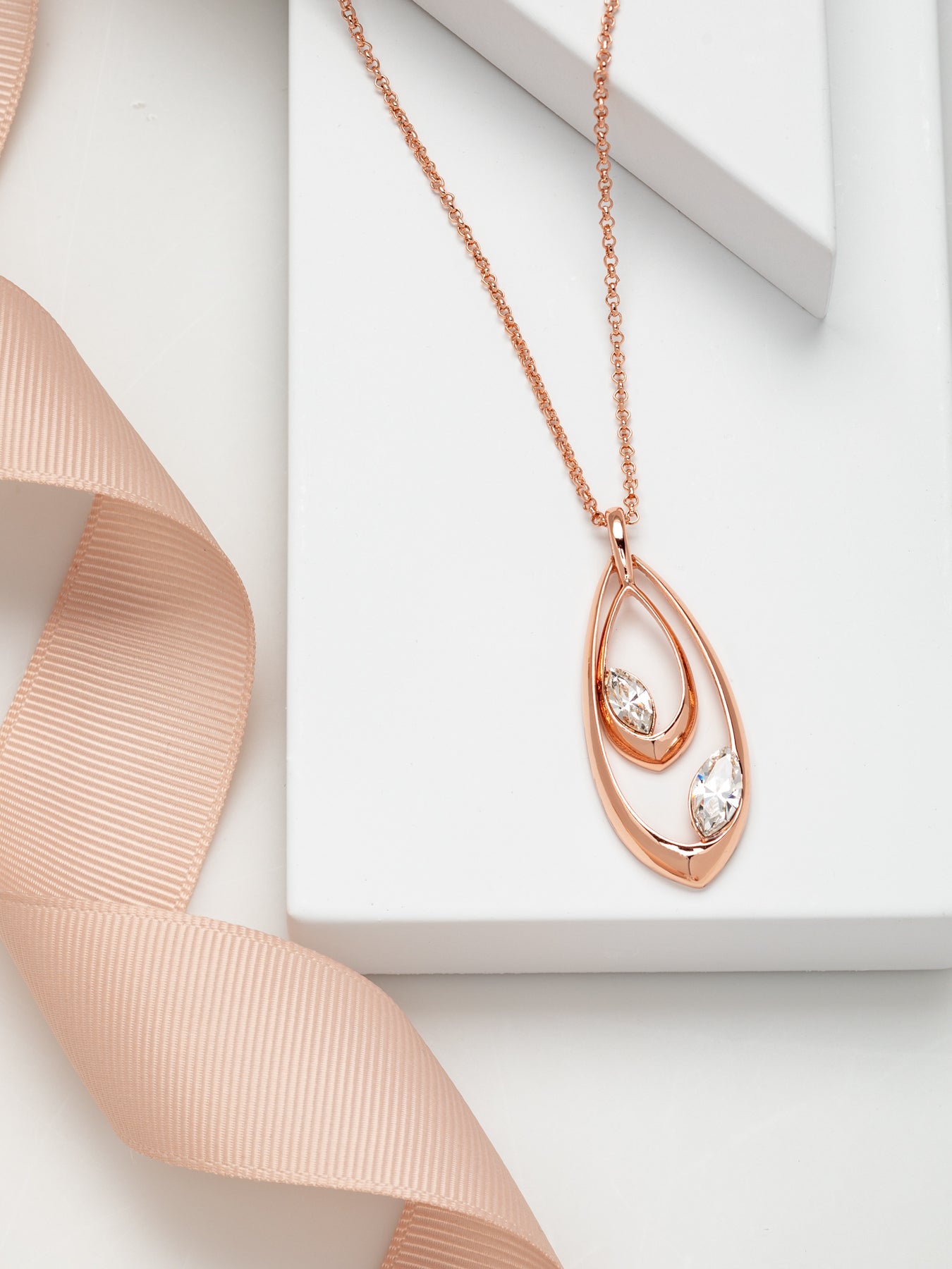 Crystal Double Teardrop Elongated Pendant Necklace